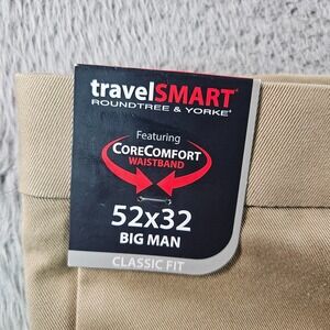 NEW Roundtree & Yorke Travel Smart Chino Pants Men 52 x 32 Flat Front Khaki
